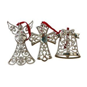 Lenox Sparkle and Scroll Christmas Ornaments Silver Angel Cross and Bell Set 3